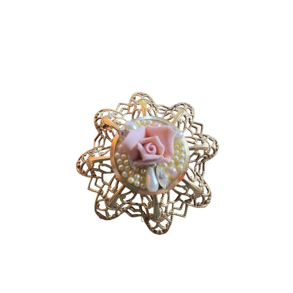 Vintage Brooch Gold Tone Filagree Ceramic 3D Bisque Porcelain Flower Faux Pearls